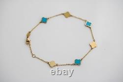 14k Solid Gold Teal Enamel Clover Bracelet 1mm Cable Chain Adjustable 7-7.5