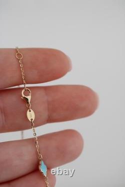 14k Solid Gold Teal Enamel Clover Bracelet 1mm Cable Chain Adjustable 7-7.5