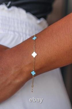14k Solid Gold Teal Enamel Clover Bracelet 1mm Cable Chain Adjustable 7-7.5