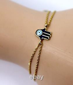 14k Yellow Gold Blue Enamel Hamsa Chain Bracelet 7inch