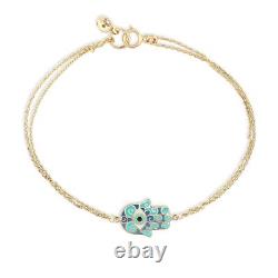 14k Yellow Gold Blue Enamel Hamsa Double Chain Bracelet New