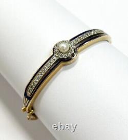 14k Yellow Gold Cultured Pearl, Diamond, and Blue Enamel Cuff Bracelet