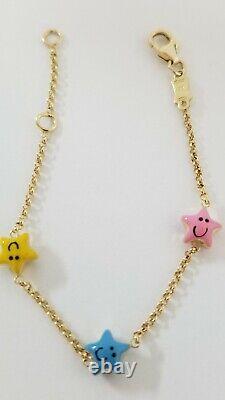 14k Yellow Gold Smiling Enamel Stars Baby Bracelet Adjustable 5.5 Lobster Lock