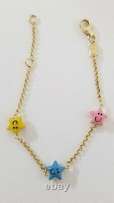 14k Yellow Gold Smiling Enamel Stars Baby Bracelet Adjustable 5.5 Lobster Lock