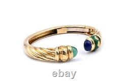 18 Karat Yellow Gold Blue and Green Enamel Heart Cuff Bracelet