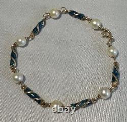 18K 750 Yellow Gold Bracelet Italy Arezzo FABOR Blue Enamel Pearl 8.278g 7.25