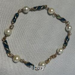 18K 750 Yellow Gold Bracelet Italy Arezzo FABOR Blue Enamel Pearl 8.278g 7.25