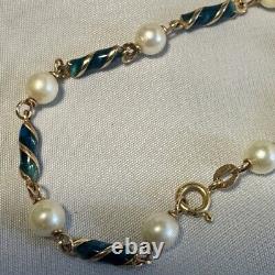 18K 750 Yellow Gold Bracelet Italy Arezzo FABOR Blue Enamel Pearl 8.278g 7.25