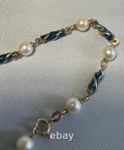 18K 750 Yellow Gold Bracelet Italy Arezzo FABOR Blue Enamel Pearl 8.278g 7.25