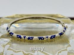 18K HIDALGO Solid White Gold Diamond Flowers Blue Enamel Bangle Bracelet
