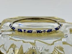 18K HIDALGO Solid White Gold Diamond Flowers Blue Enamel Bangle Bracelet