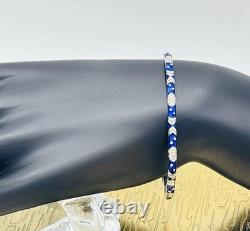 18K HIDALGO Solid White Gold Diamond Flowers Blue Enamel Bangle Bracelet
