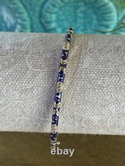 18K HIDALGO Solid White Gold Diamond Flowers Blue Enamel Bangle Bracelet