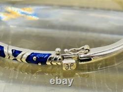 18K HIDALGO Solid White Gold Diamond Flowers Blue Enamel Bangle Bracelet