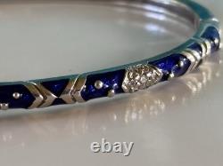 18K HIDALGO Solid White Gold Diamond Flowers Blue Enamel Bangle Bracelet