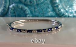 18K HIDALGO Solid White Gold Diamond Flowers Blue Enamel Bangle Bracelet