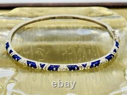 18K HIDALGO Solid White Gold Diamond Flowers Blue Enamel Bangle Bracelet