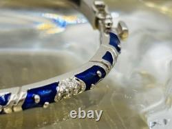 18K HIDALGO Solid White Gold Diamond Flowers Blue Enamel Bangle Bracelet
