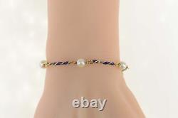 18K Pearl Blue Enamel Twist Bar Statement Bracelet 7 Yellow Gold 23