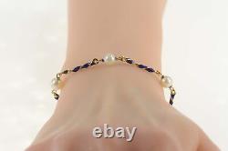 18K Pearl Blue Enamel Twist Bar Statement Bracelet 7 Yellow Gold 23