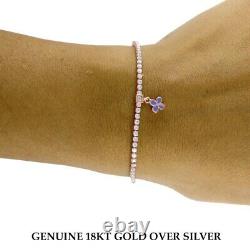 18K Rose Gold Over Silver Round Cut Clear CZ Flower Blue Enamel Tennis Bracelet