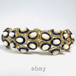 18K Yellow Gold Coral and Blue Enamel Bracelet 7.5 63.1g