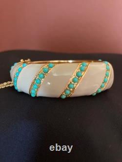 18K Yellow Gold Over Faux Turquoise & Taupe Enamel Hinged Chain Bangle Bracelet