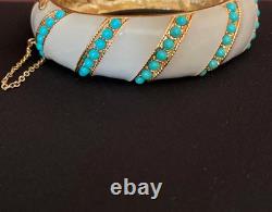 18K Yellow Gold Over Faux Turquoise & Taupe Enamel Hinged Chain Bangle Bracelet