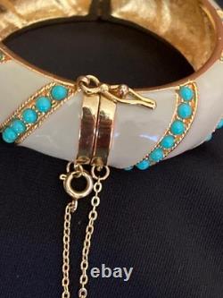 18K Yellow Gold Over Faux Turquoise & Taupe Enamel Hinged Chain Bangle Bracelet