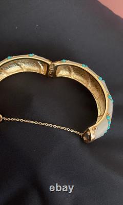 18K Yellow Gold Over Faux Turquoise & Taupe Enamel Hinged Chain Bangle Bracelet