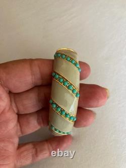 18K Yellow Gold Over Faux Turquoise & Taupe Enamel Hinged Chain Bangle Bracelet