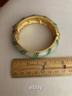 18K Yellow Gold Over Faux Turquoise & Taupe Enamel Hinged Chain Bangle Bracelet