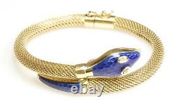 18K Yellow Gold Snake Bracelet with Diamond Eyes and Blue Enamel