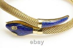 18K Yellow Gold Snake Bracelet with Diamond Eyes and Blue Enamel