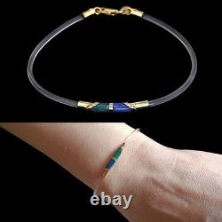 18k 750 Real Yellow GOLD and Blue Green ENAMEL Bar Italy Bracelet Womens 8 inch