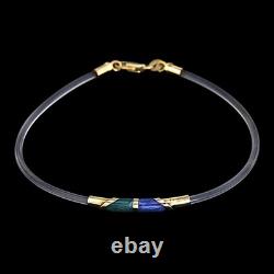 18k 750 Real Yellow GOLD and Blue Green ENAMEL Bar Italy Bracelet Womens 8 inch