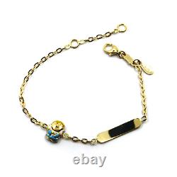 18k Yellow Gold Kid Child Rolo Bracelet Enamel Blue Angel And Engraving Plate