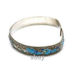 1930's Chinese Solid Silver Enamel Bangle Bracelet Cuff Flower Marked