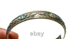 1930's Chinese Solid Silver Enamel Bangle Bracelet Cuff Flower Marked
