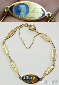 1930's Communion 18K Solid Gold Bracelet w Blue Enamel Medal Unique & Charming