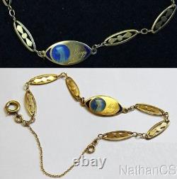 1930's Communion 18K Solid Gold Bracelet w Blue Enamel Medal Unique & Charming