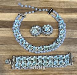 1950's LERU Blue Moon Glow Borealis Enamel Necklace Earrings Bracelet Set Parure