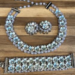 1950's LERU Blue Moon Glow Borealis Enamel Necklace Earrings Bracelet Set Parure
