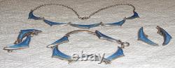 1950s STERLING 925S Blue GUILLOCHE Enamel Necklace Bracelet Earrings Brooch SET