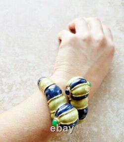 1960s Kenney Jay Lane Cuff Bracelet Gold Blue Green Enamel Worm Slug Snake