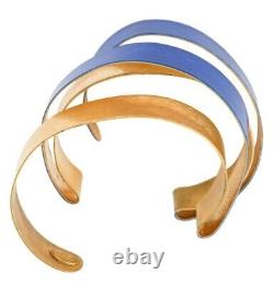 24k GOLD Plate Herve Van der Straeten Wide Wrap CUFF Bracelet Blue Enamel French