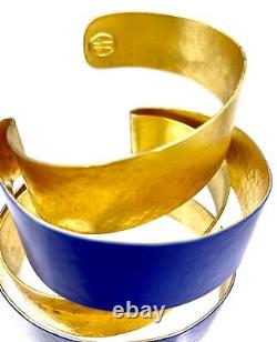 24k GOLD Plate Herve Van der Straeten Wide Wrap CUFF Bracelet Blue Enamel French
