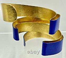 24k GOLD Plate Herve Van der Straeten Wide Wrap CUFF Bracelet Blue Enamel French