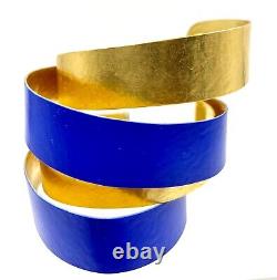 24k GOLD Plate Herve Van der Straeten Wide Wrap CUFF Bracelet Blue Enamel French