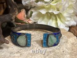 33. Antique Chinese Export Silver Cobalt Blue Enamel Green Jadeite Bracelet
